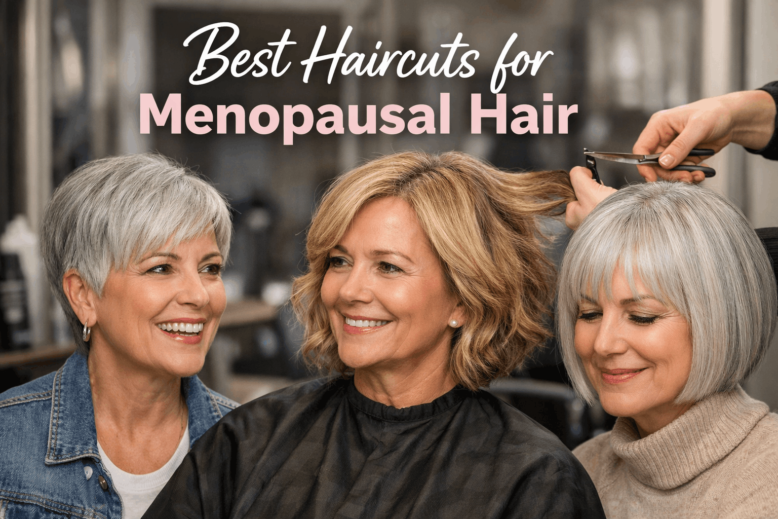 Three women with menopausal hair styles in a salon setting, with text overlay about best haircuts for menopausal hair.