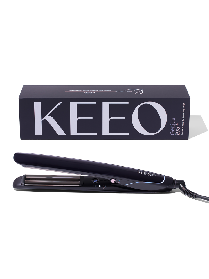 Black hair straightener with Keeo branding on a white background