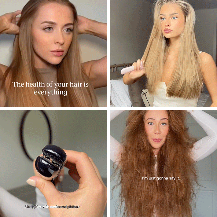Collage showing the transformation of hair using the KEEO Smart Glide Straightener: from frizzy to sleek, with close-ups of the device’s contoured plates and smooth straightening results.