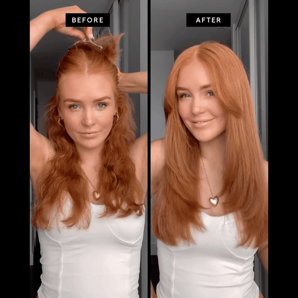 Before and after comparison of a person with long red hair styled differently.