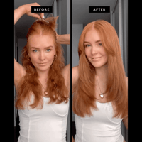 Before and after comparison of a person with long red hair styled differently.