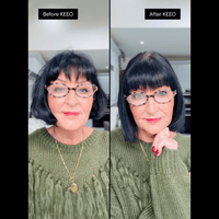 Side-by-side comparison of a woman wearing glasses labeled 'Before KEEO' and 'After KEEO'.