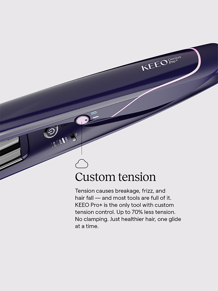 KEEO Pro+ hair straightener on a white background with text about custom tension control.