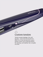 KEEO Pro+ hair straightener on a white background with text about custom tension control.