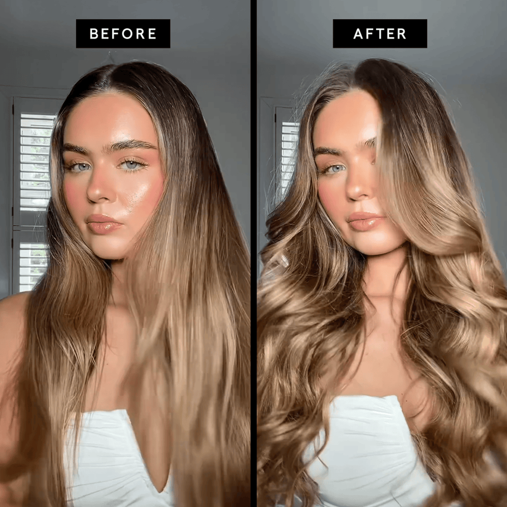 Before and after comparison of a woman with long, wavy hair.