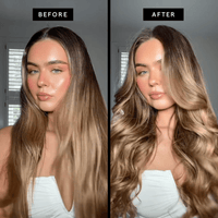 Before and after comparison of a woman with long, wavy hair.
