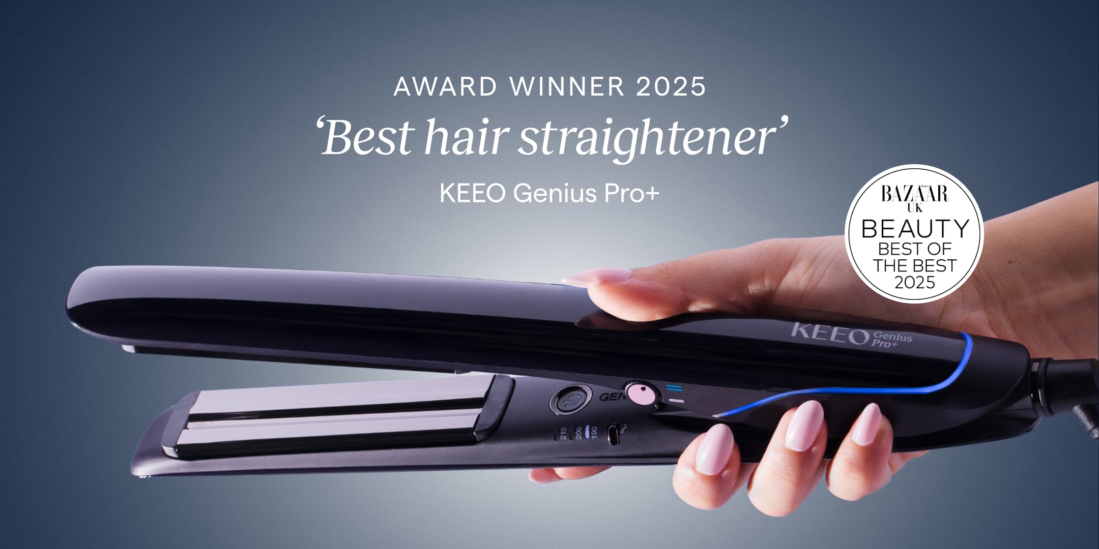 KEEO Genius Pro+ hair straightener held by a hand with an award badge on a dark background