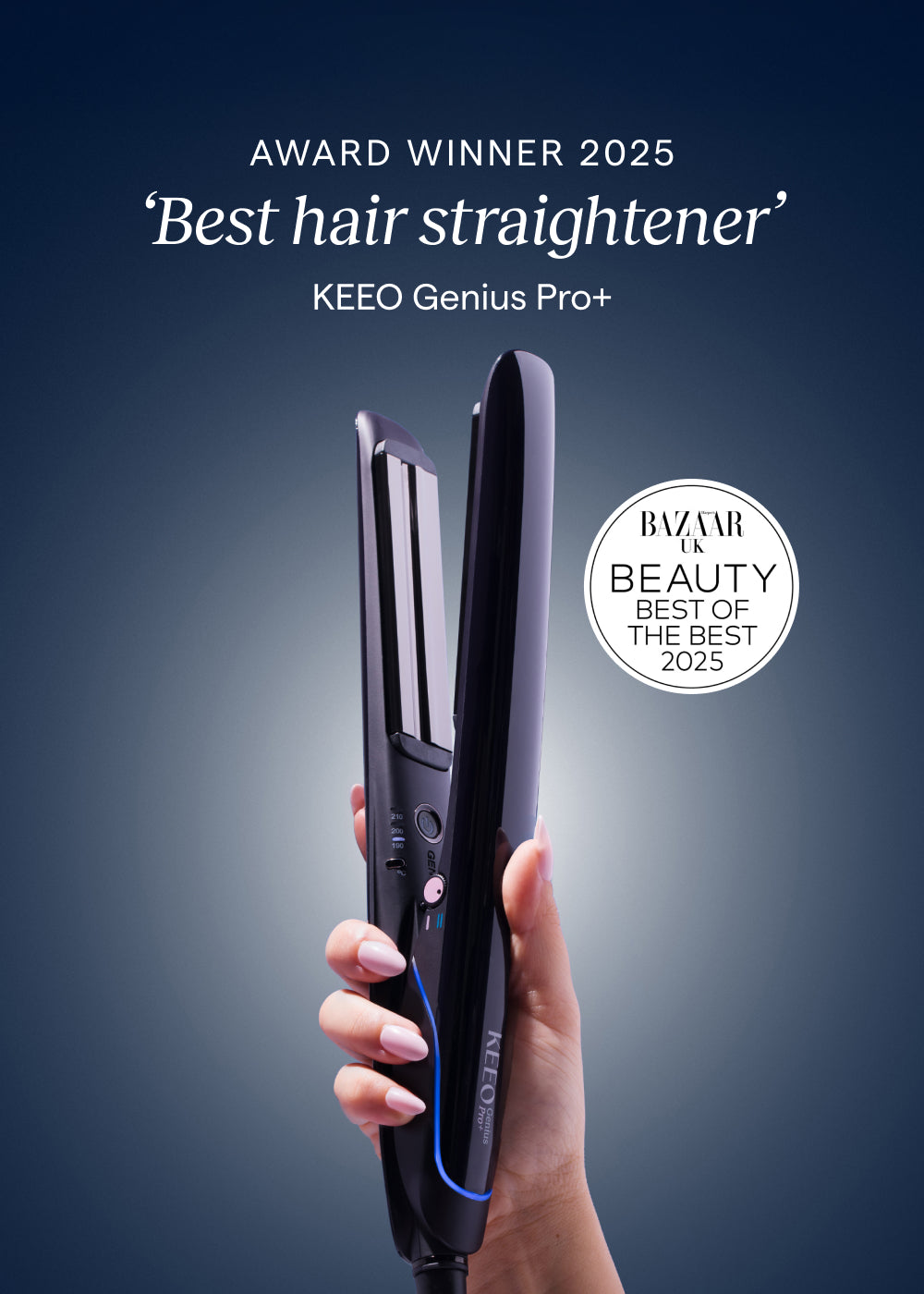 Hand holding a hair straightener with 'Best hair straightener' award text and Bazaar Beauty logo on a dark background