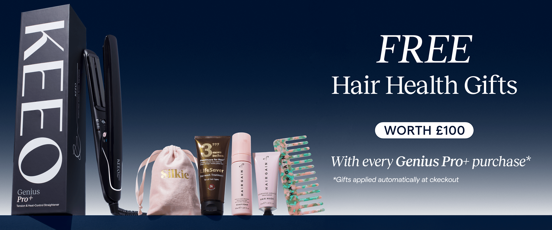 Keeo hair straightener with free hair health gifts on a blue background