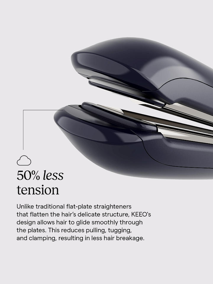 Hair straightener with text highlighting reduced tension and benefits on a light gray background