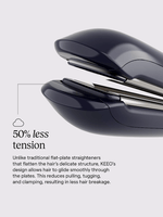 Hair straightener with text highlighting reduced tension and benefits on a light gray background