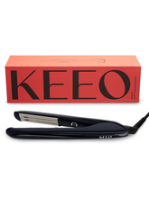 Black hair straightener with Keeo branding in front of a red Keeo box on a white background