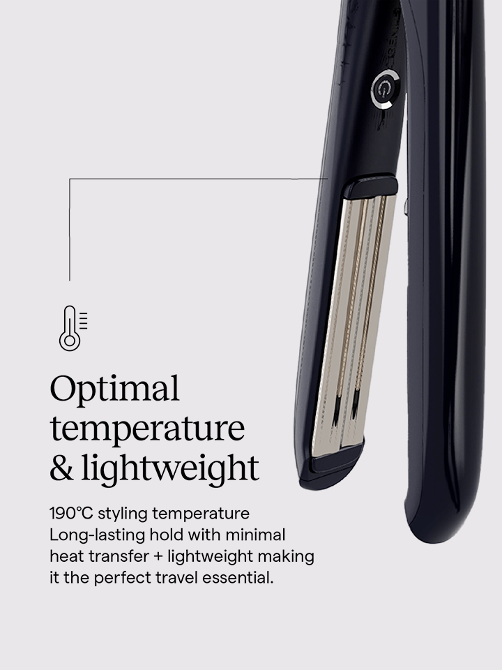 Hair straightener with text on optimal temperature and lightweight features on a light gray background
