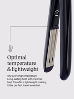 Hair straightener with text on optimal temperature and lightweight features on a light gray background