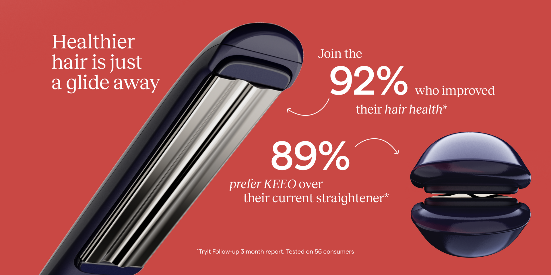 Promotional graphic showing KEEO Smart Glide Straightener with bold stats: 92% of users improved their hair health and 89% prefer KEEO over their current straightener, with tagline “Healthier hair is just a glide away.”