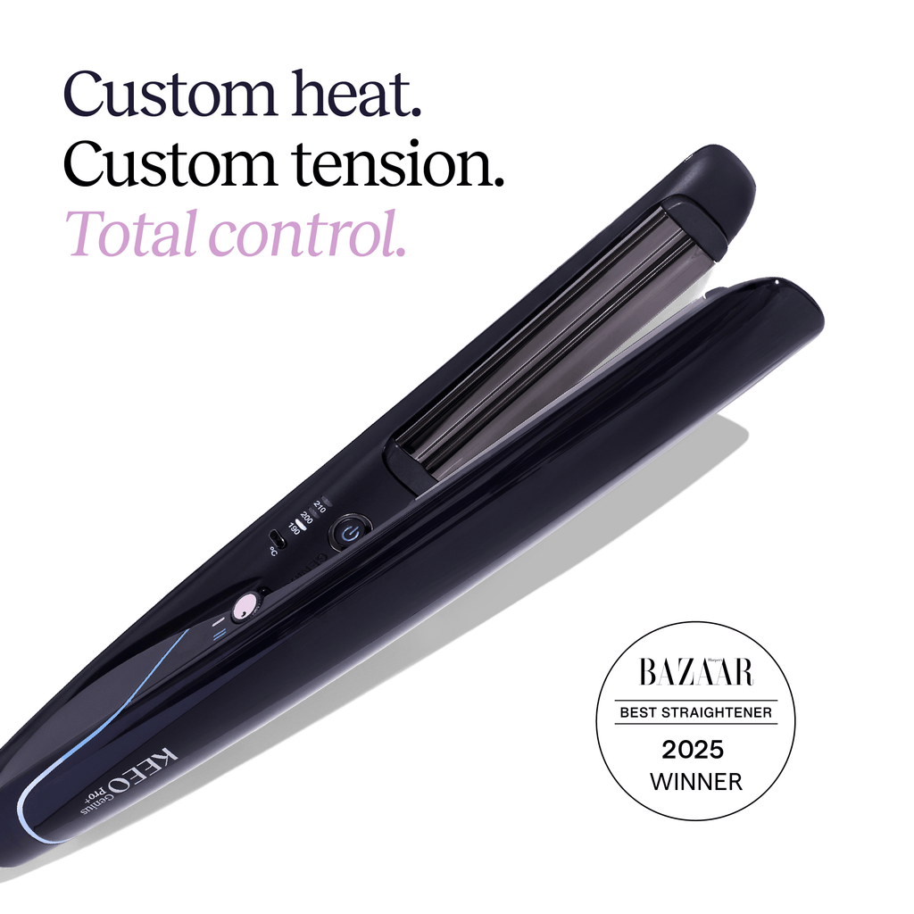 Black hair straightener with text 'Custom heat. Custom tension.