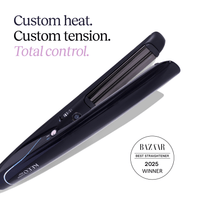 Black hair straightener with text 'Custom heat. Custom tension.