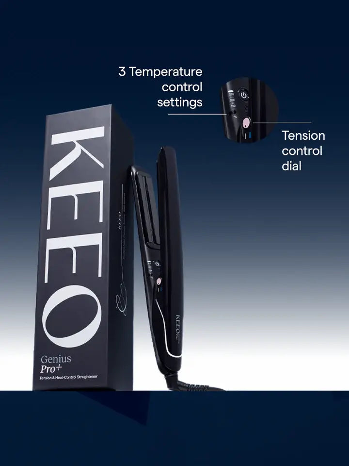 Hair straightener with packaging and features highlighted on a gradient background